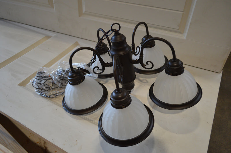 AGED BRONZE 5 LIGHT GLASS SHADE CHANDELIER (eb)