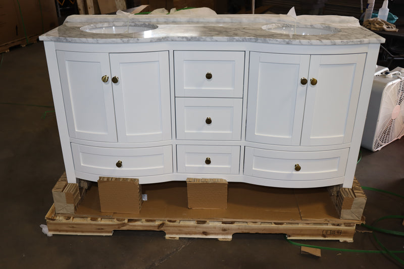 61 Inch - Lennox Double Bowl White Vanity w/ Marble Top, Soft Close Drawers, w/ Hardware