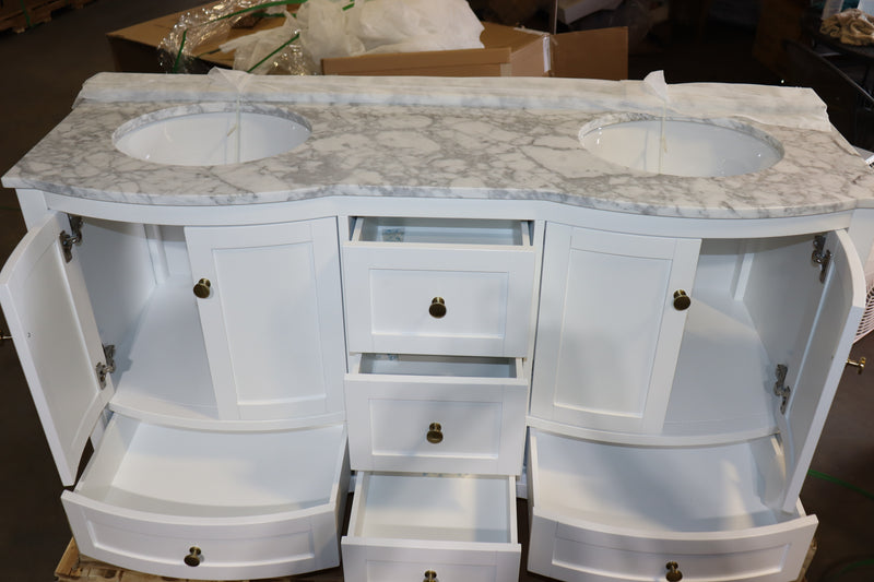 61 Inch - Lennox Double Bowl White Vanity w/ Marble Top, Soft Close Drawers, w/ Hardware