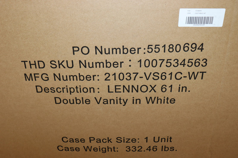61 Inch - Lennox Double Bowl White Vanity w/ Marble Top, Soft Close Drawers, w/ Hardware