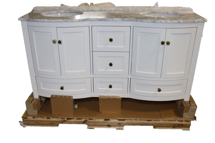 61 Inch - Lennox Double Bowl White Vanity w/ Marble Top, Soft Close Drawers, w/ Hardware