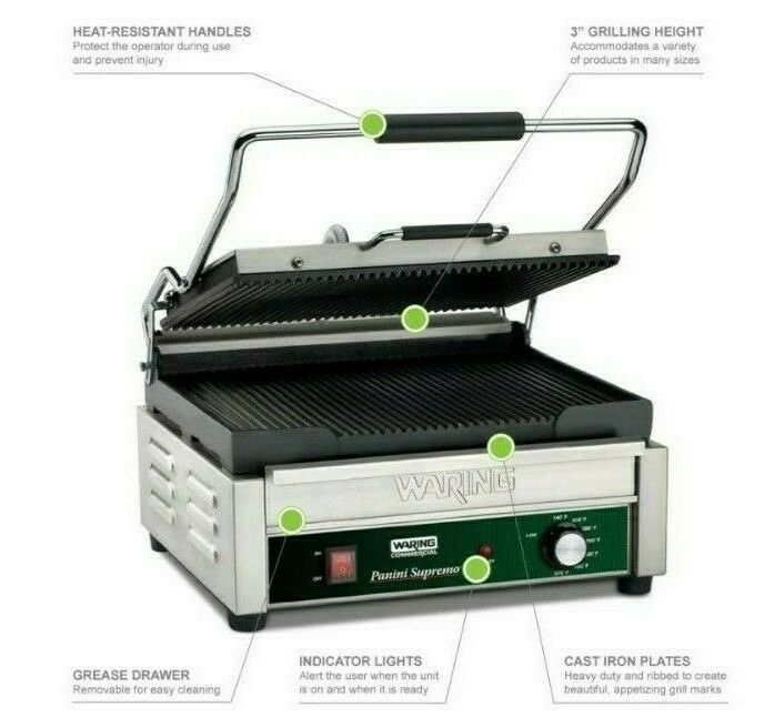 Used Waring Commercial Panini Supremo Sandwich Press, WPG250