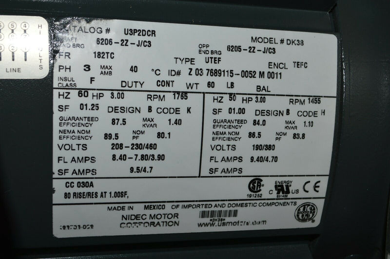 US Motors Unimount MODEL DK38 3-Phase, 3 HP, Unimount, 1765 RPM Motor TEFC