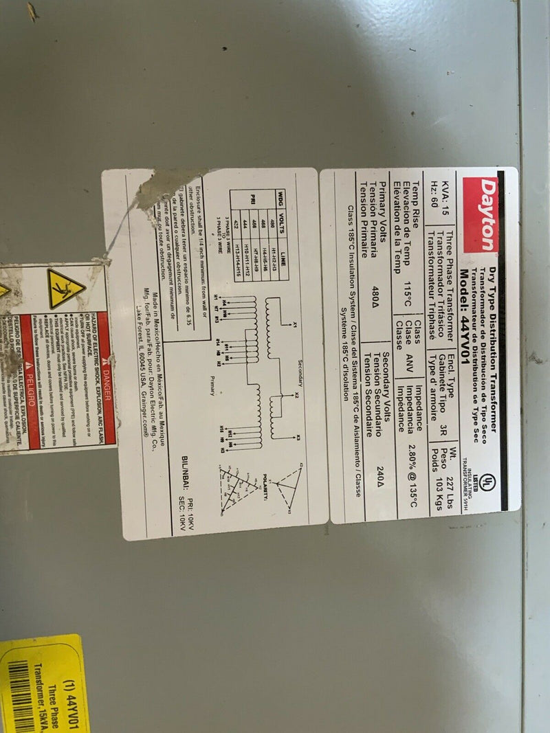 `Dayton 3 phase transformer, Model 44yv01